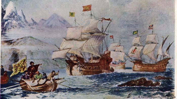 painting of Magellan's fleet, ships at sea