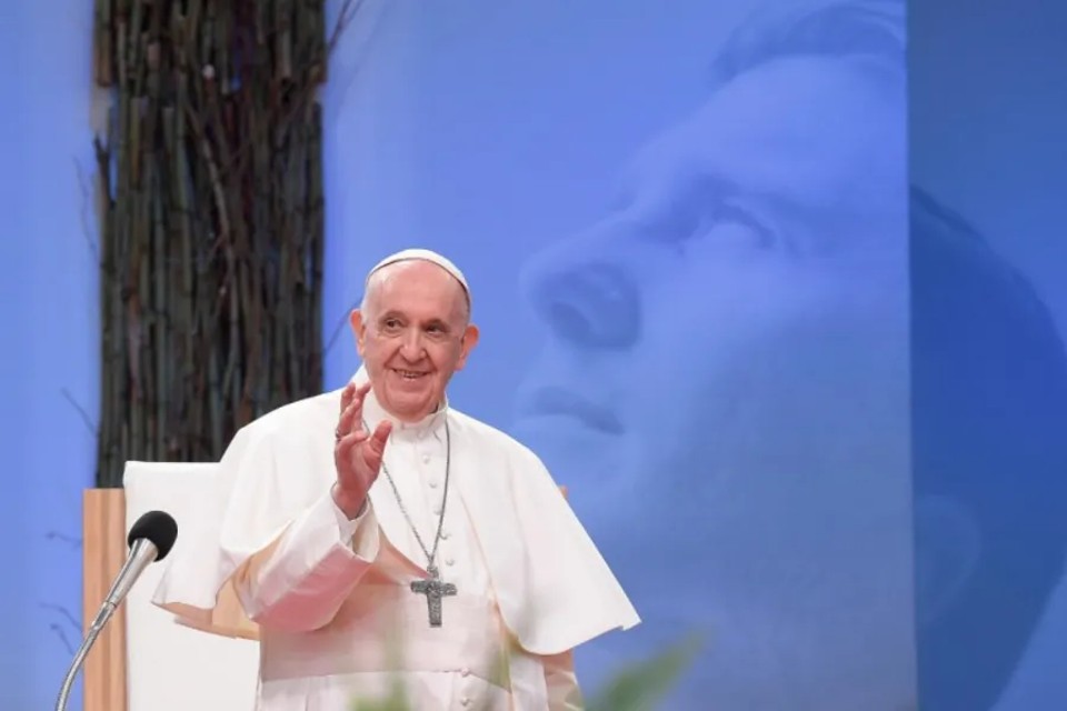 Pope Francis addresses young people at Lokomotiva Stadium in Košice, Slovakia, Sept. 14, 2021.