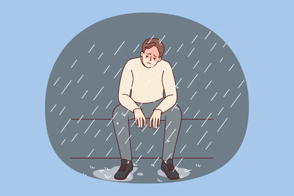 Man drenched in rain stock illustration