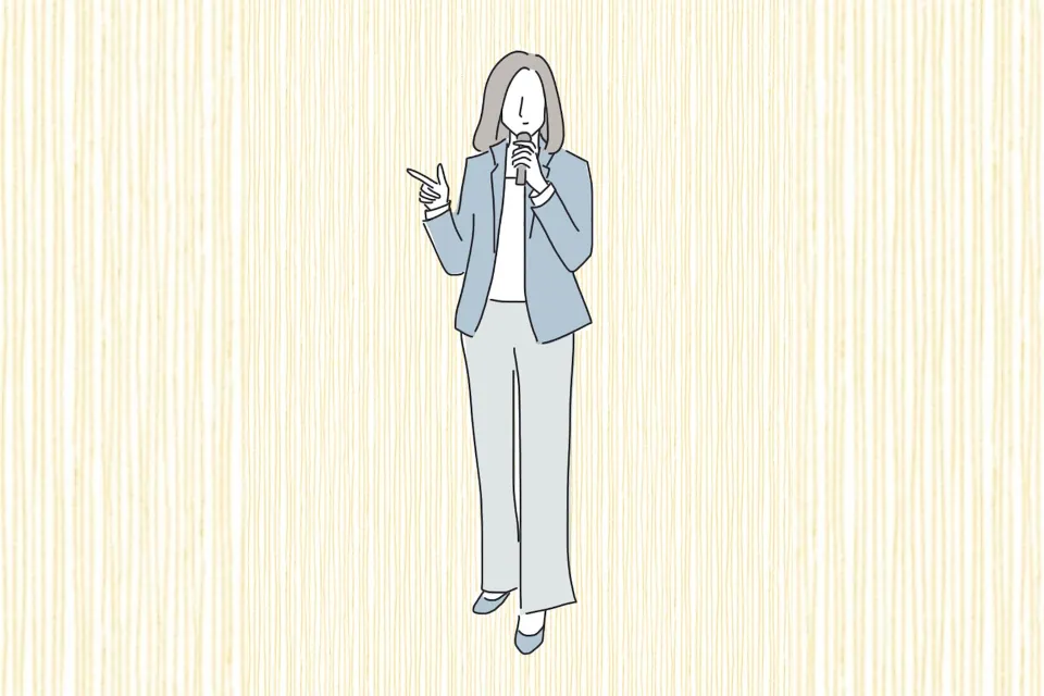 illustration of a woman speaking on a microphone, emcee