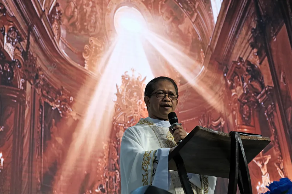 Bishop Jose Rapadas of Iligan delivers his homily during Mass on the second day of the National Catholic Social Communications Convention in Lipa City on August 6, 2024.